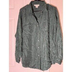 Vintage Kikomo 100% Silk Green Button Down Shirt Long Sleeve L Oversized